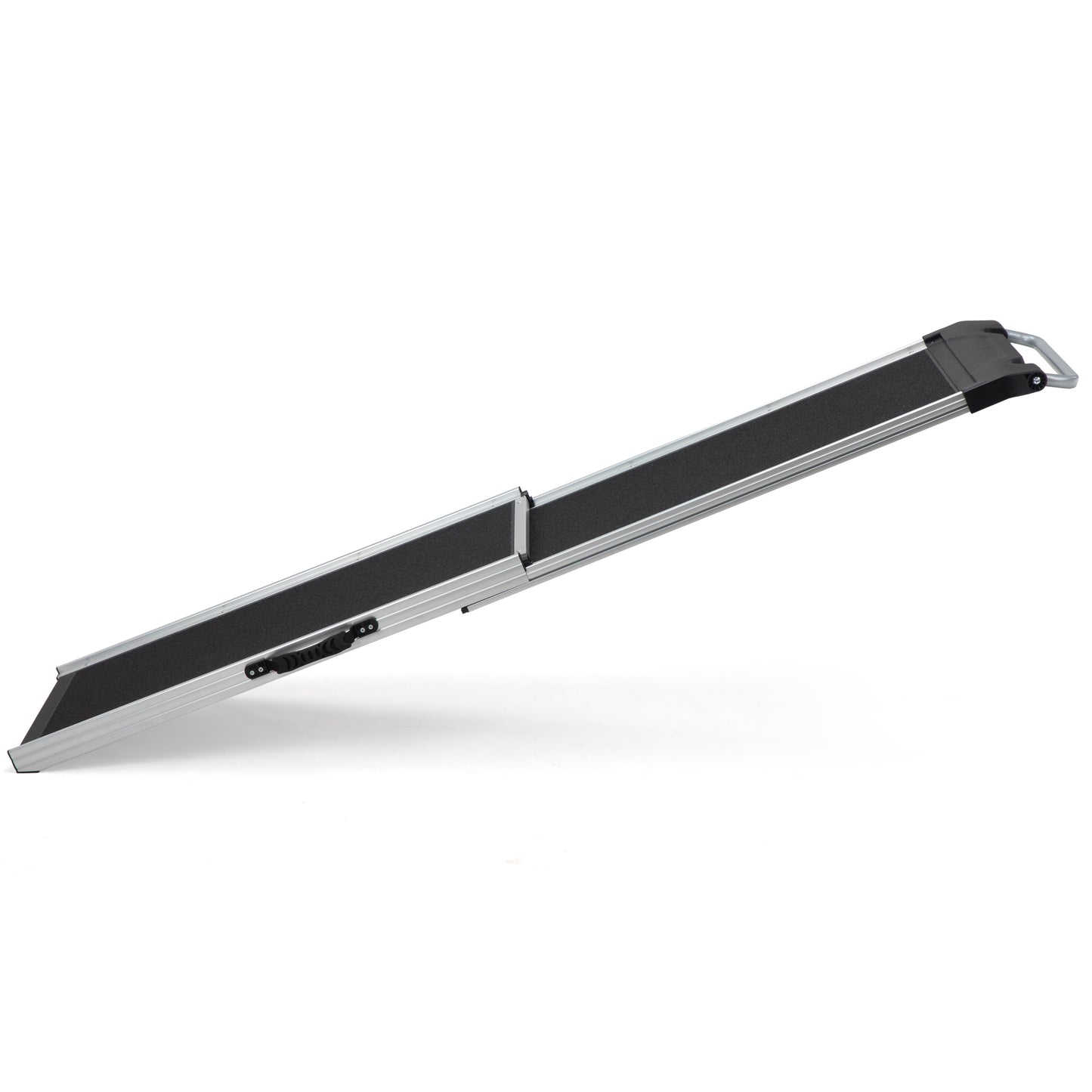 Silver portable ramp with black grip surface and adjustable height settings for accessibility