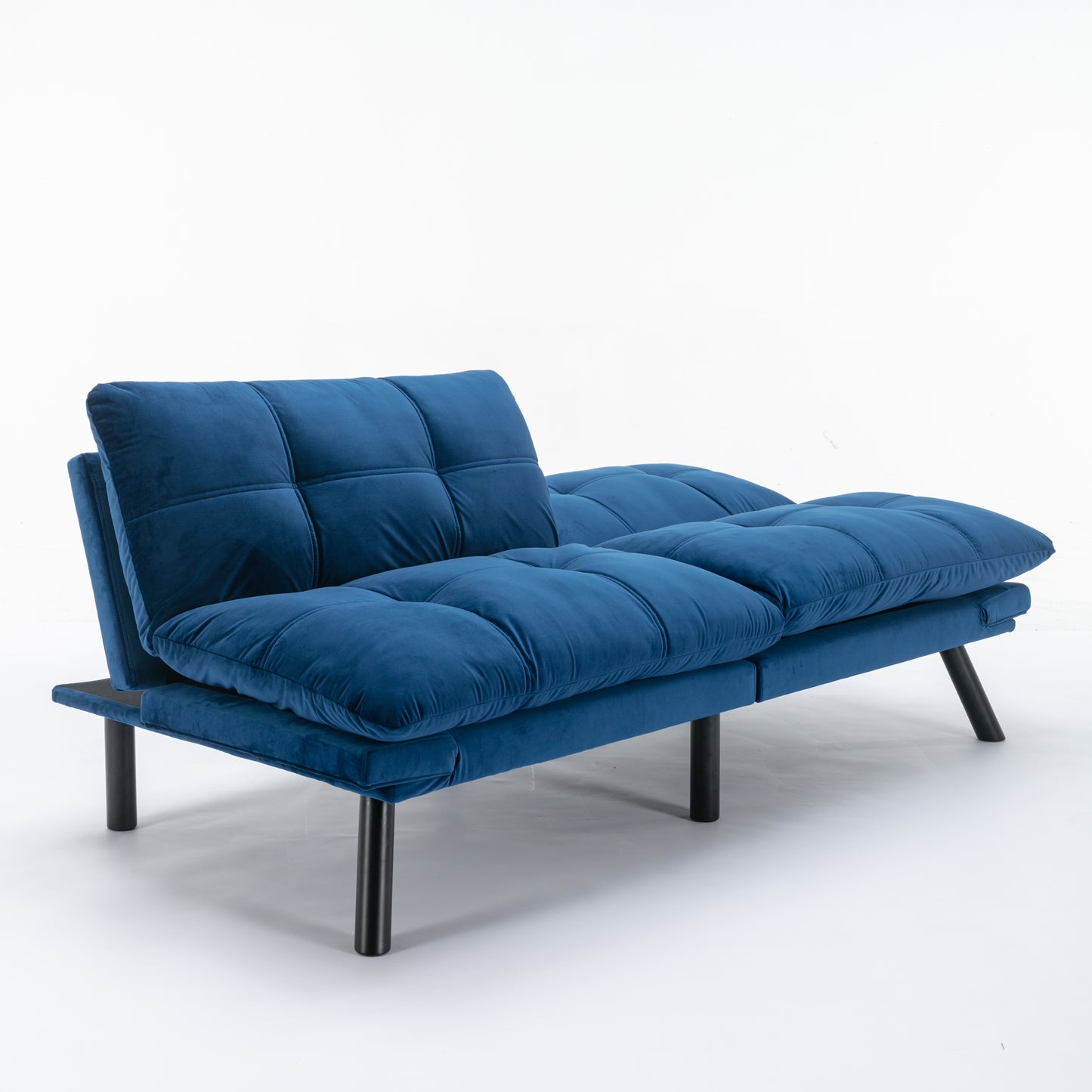 Blue velvet sofa bed with tufted cushions and black legs modern sofa bed