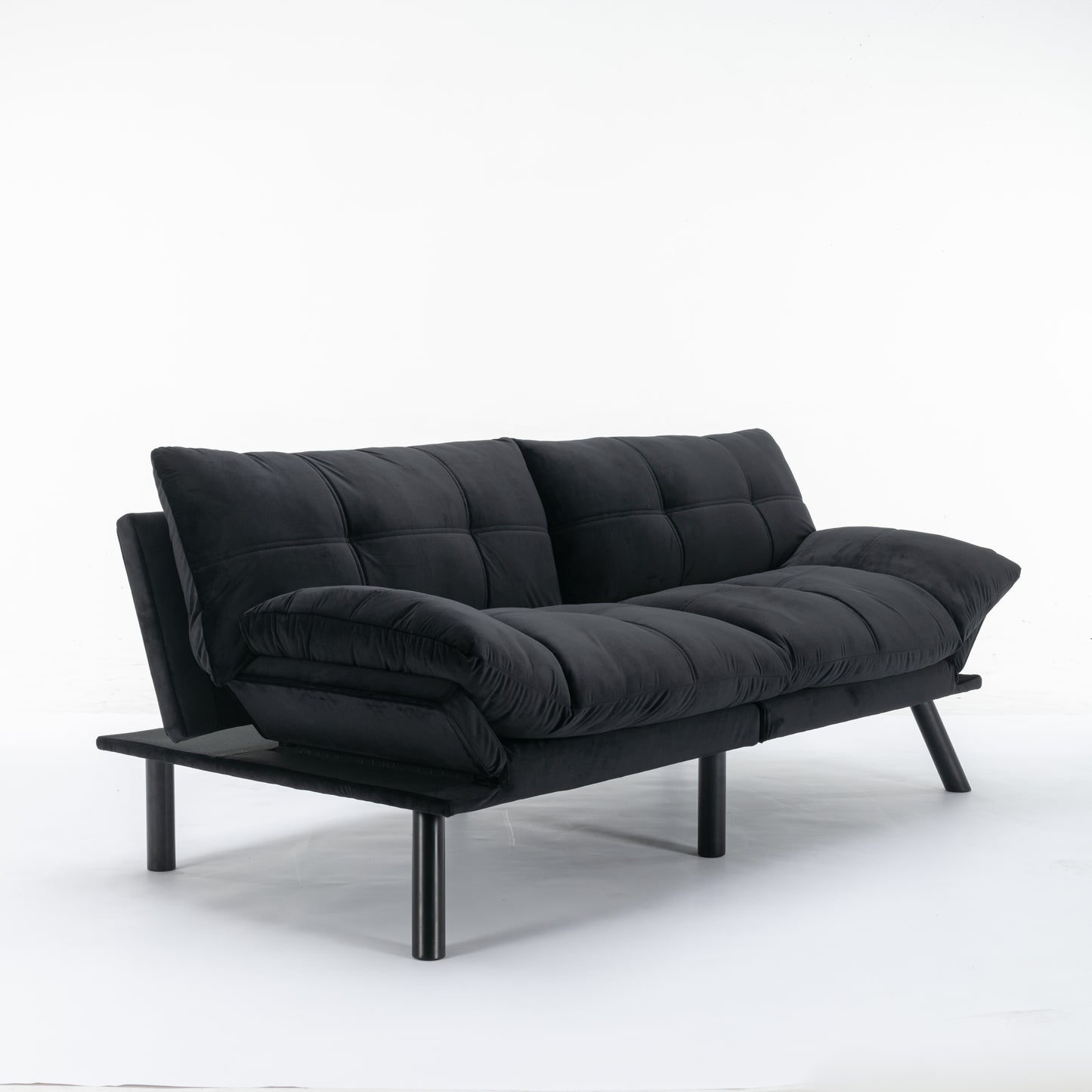 Black velvet sofa with plush cushions and modern black legs Perfect for small spaces