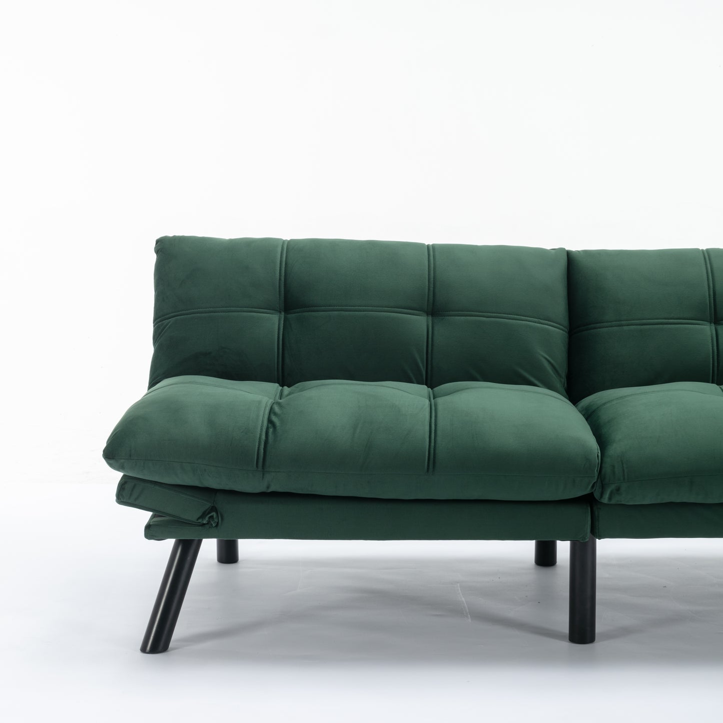Dark green velvet tufted futon sofa with black metal legs modern design for living rooms