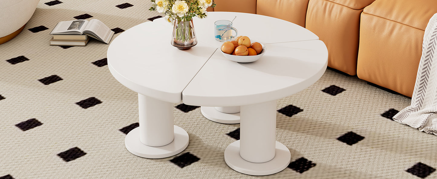 Modern white round coffee table with dual pedestal base perfect for living rooms