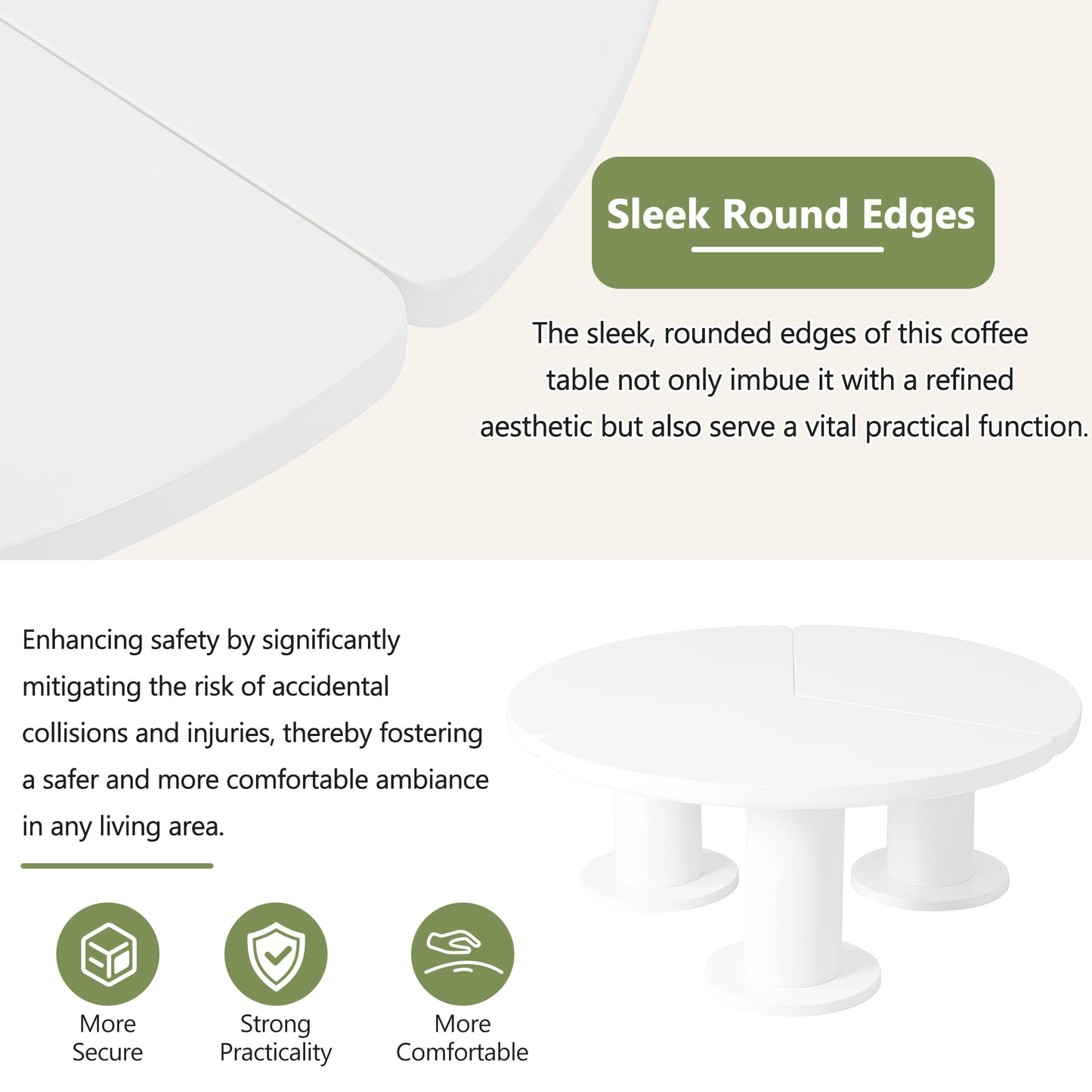 White round coffee table with sleek rounded edges and three pillar legs
