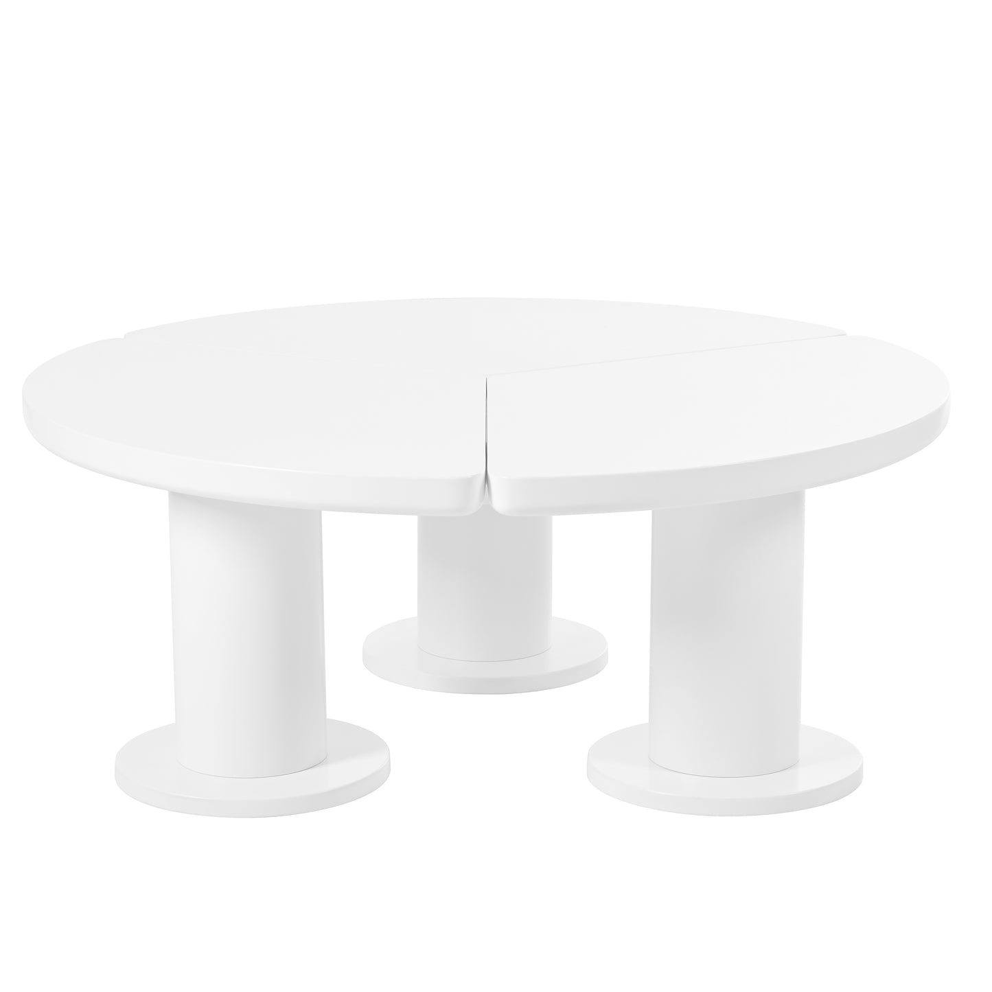 White modern round coffee table with three cylindrical legs and segmented top