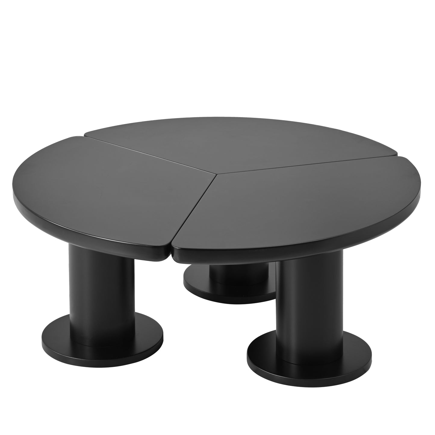 Modern black circular coffee table with three unique cylindrical legs and split top