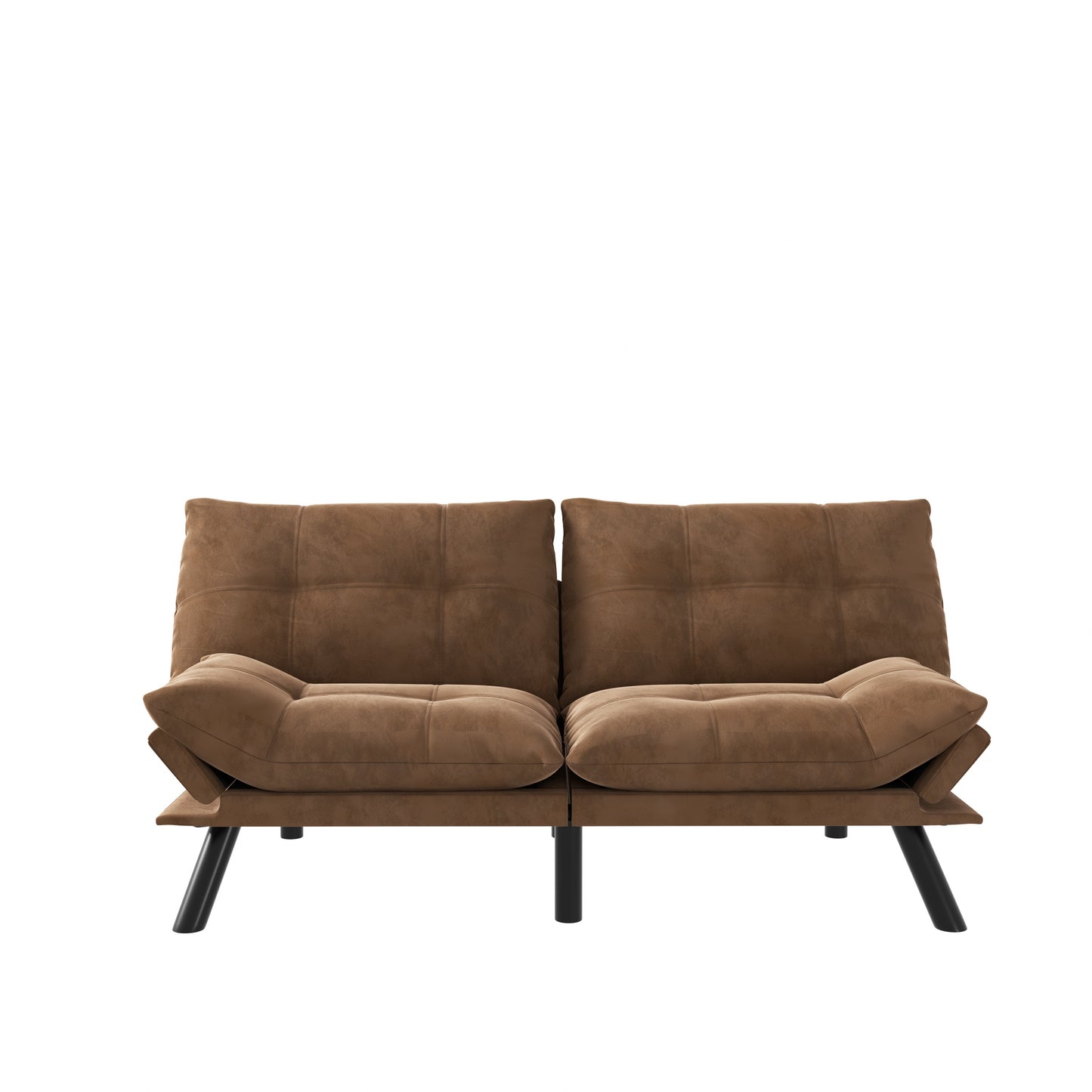 Brown suede futon sofa with tufted cushions and black metal legs