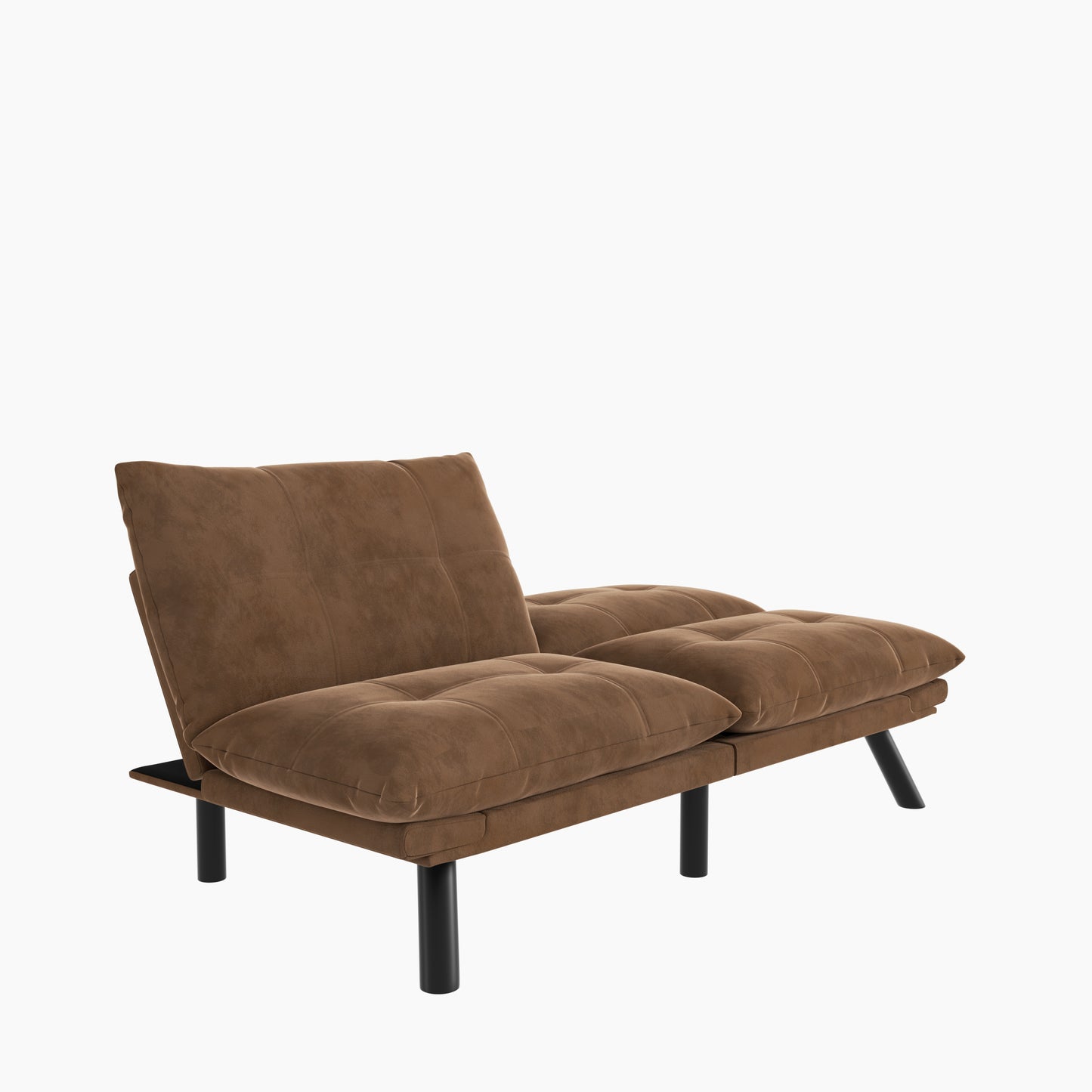 Brown tufted futon couch with black metal legs easily convertible for guests
