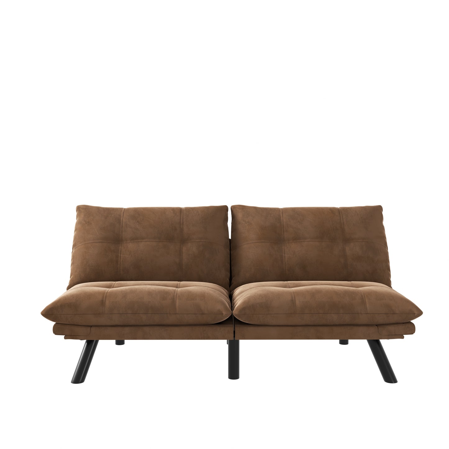 Brown suede convertible sofa with tufted cushions and black metal legs