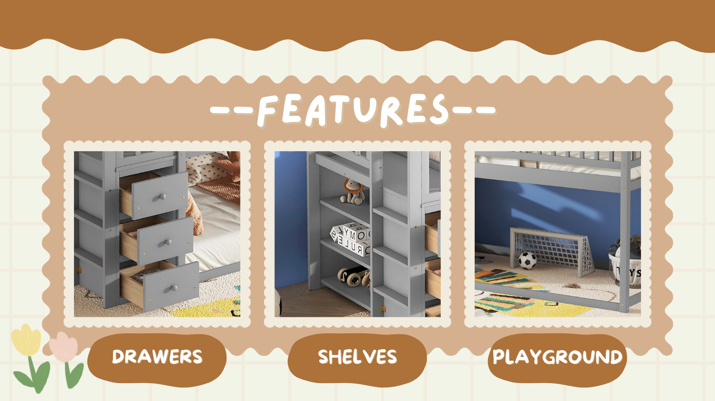 Gray bunk bed with open drawers for storage