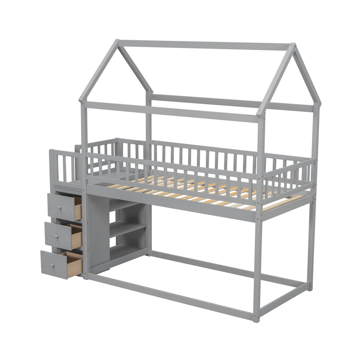 Gray wooden twin house loft bed with stairs and drawers