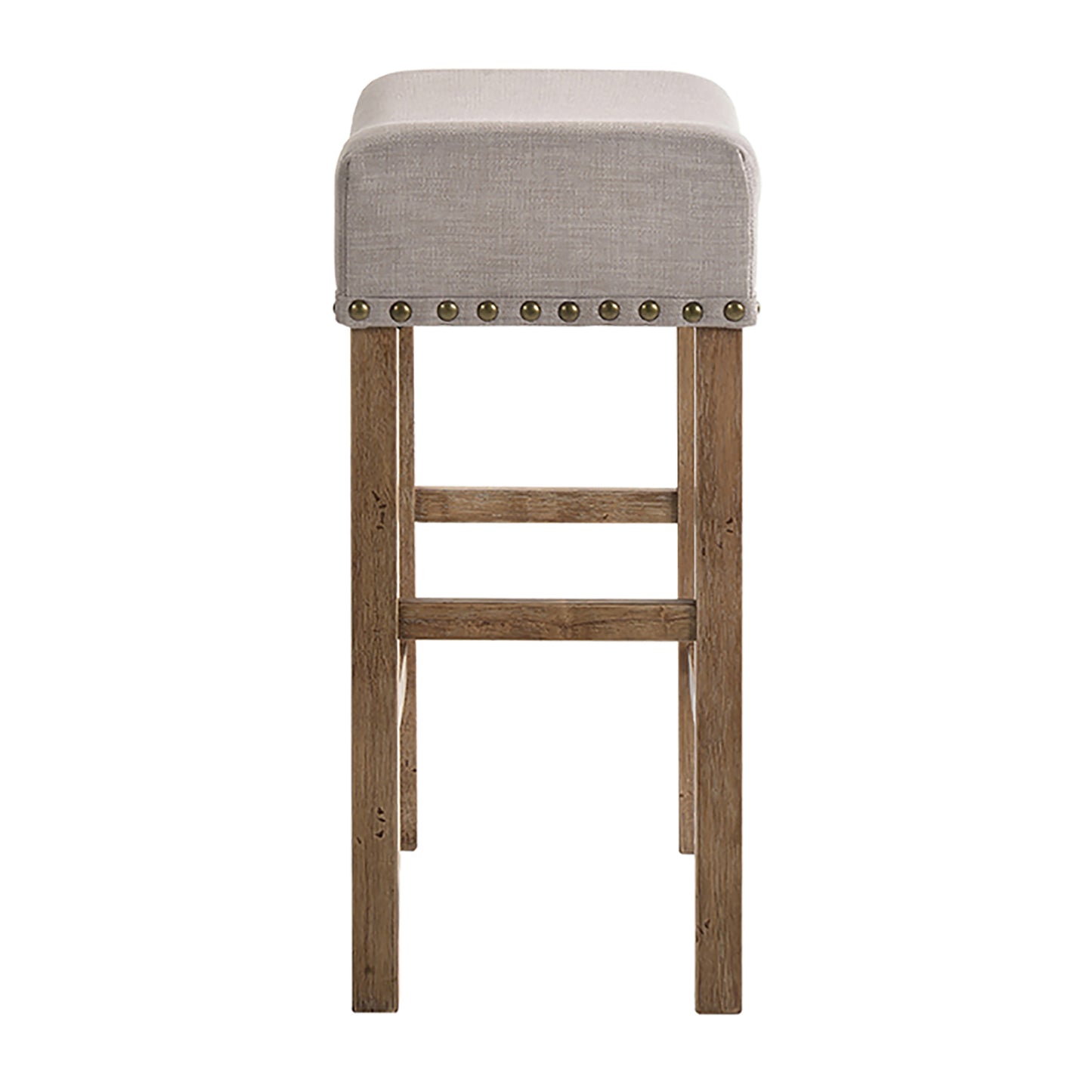 Light gray upholstered counter stool with nailhead trim and rustic wood legs