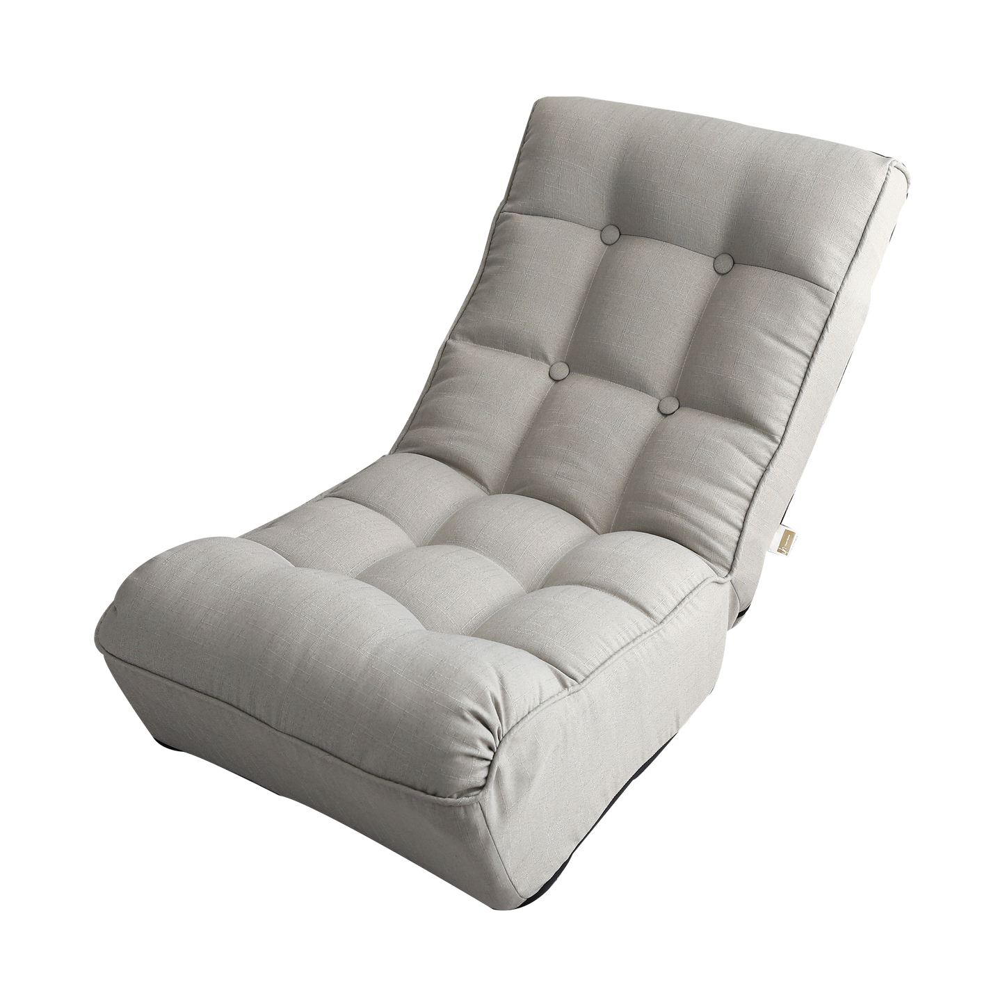 Padded grey linen floor chair with tufted seat and back adjustable angle for comfort