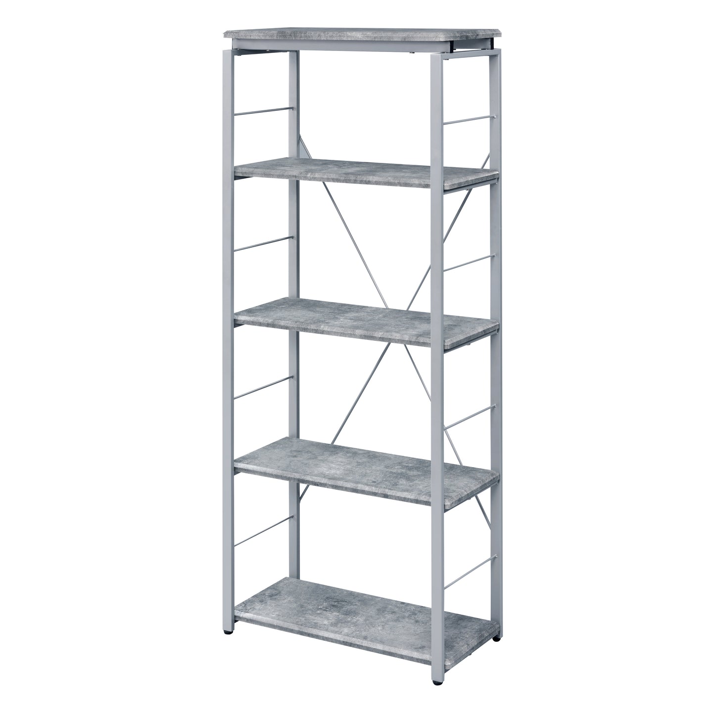 Gray fivetier shelf unit with faux concrete shelves and silver metal frame
