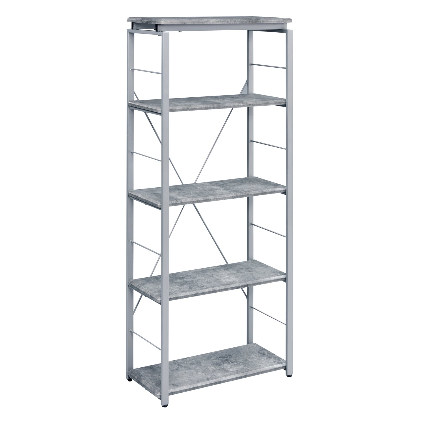 Gray metal tier bookshelf with faux concrete shelves for home organization