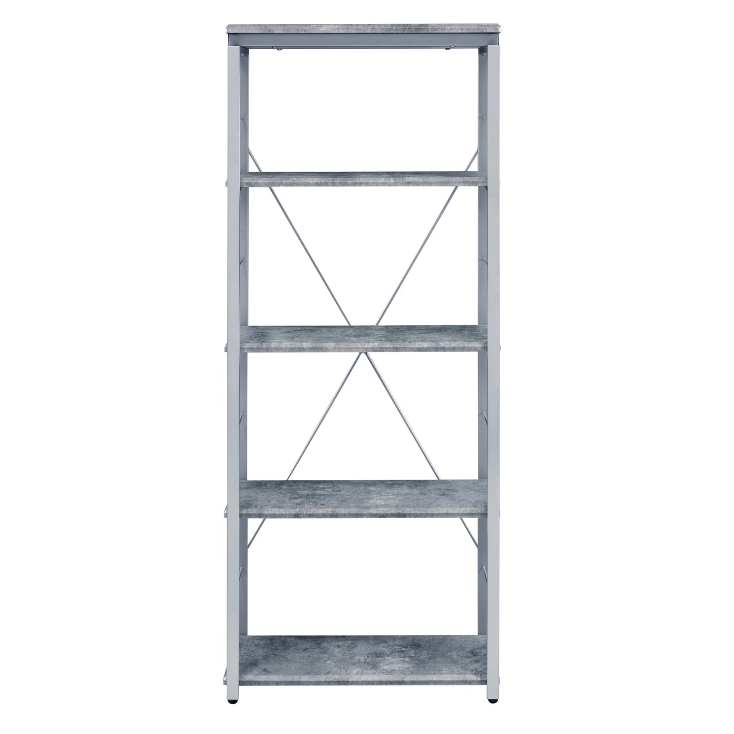 Industrial style bookshelf with five gray concretelook shelves and a metal frame