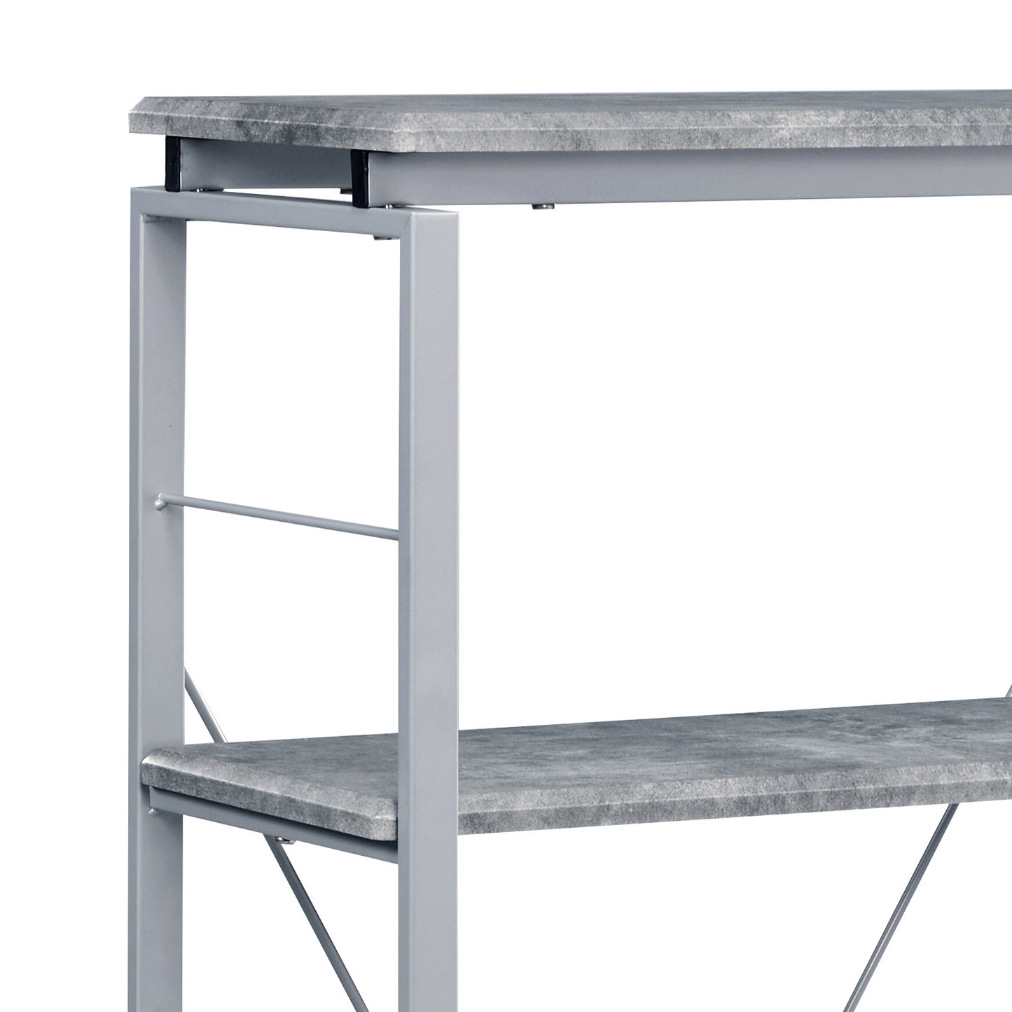 Modern grey industrial shelving unit with faux stone shelves and metal frame