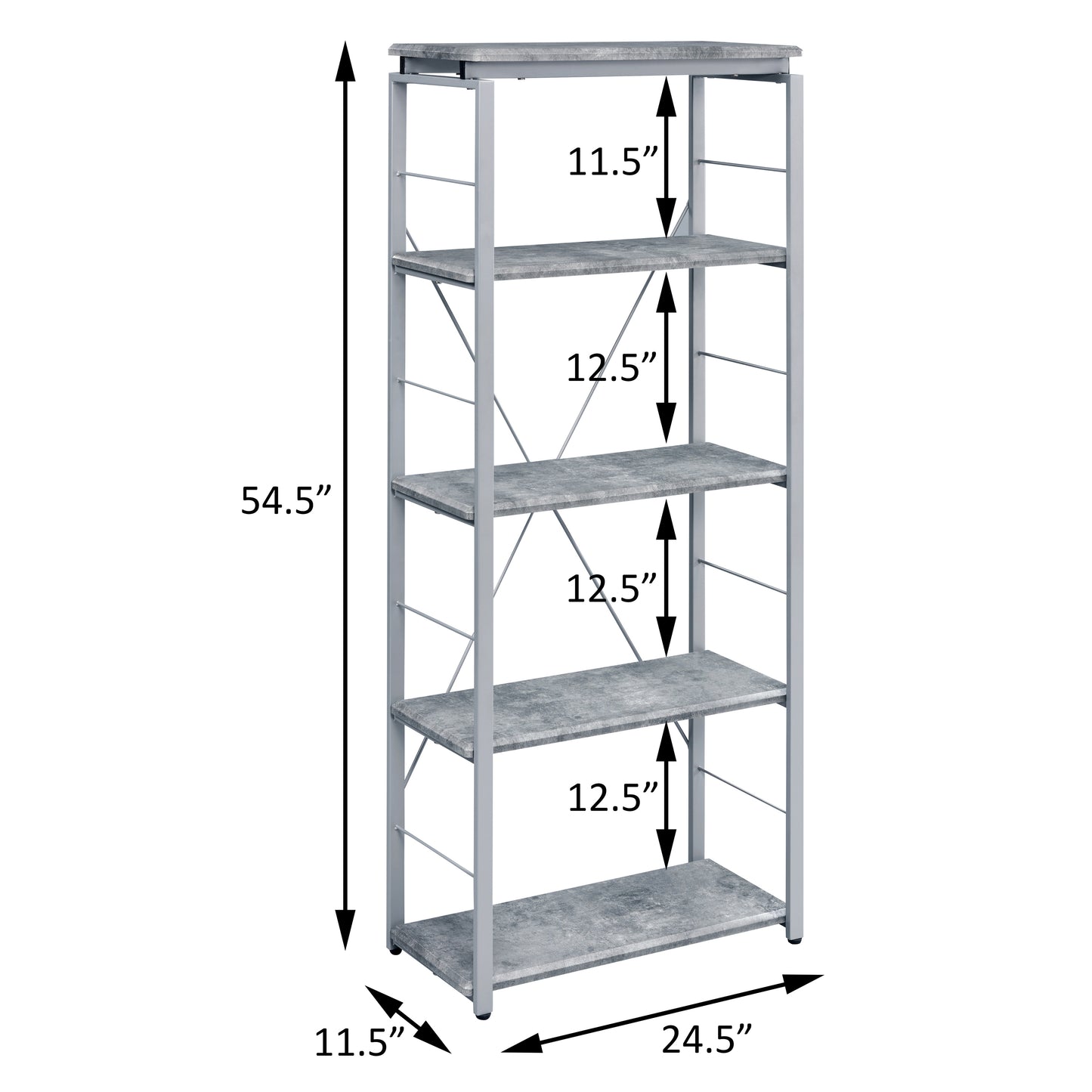 Gray industrial bookshelf with five shelves and silver metal frame dimensions H x W x D