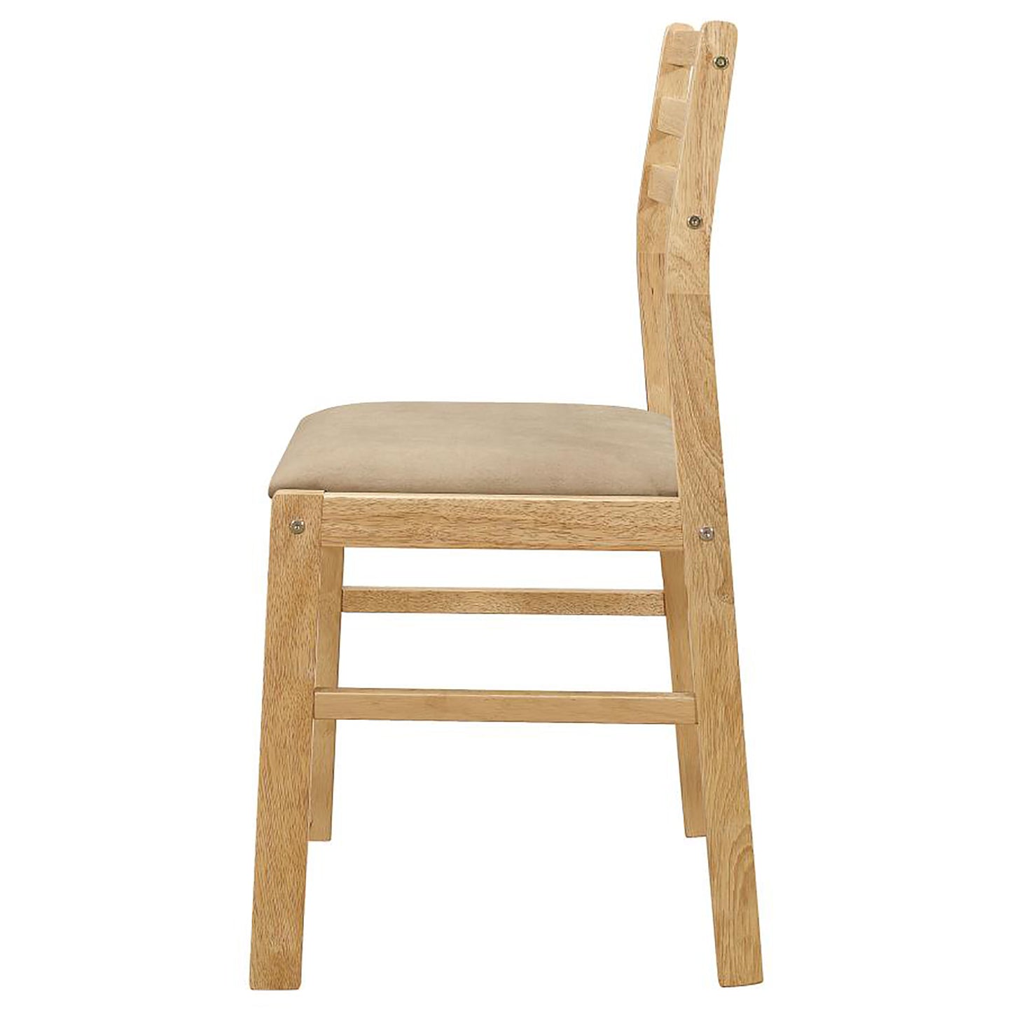 Natural wood dining chair with beige cushioned seat