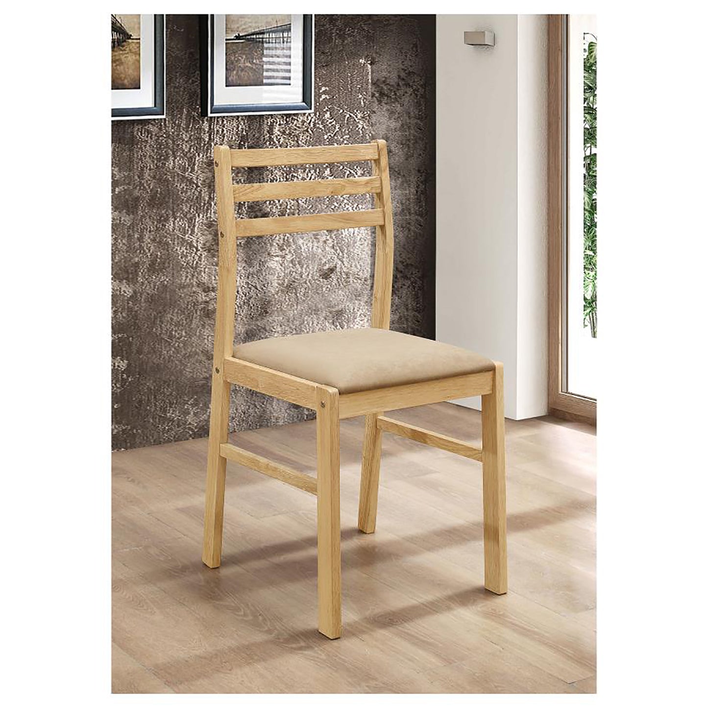 Light oak dining chair with a cushioned beige seat ideal for modern kitchens