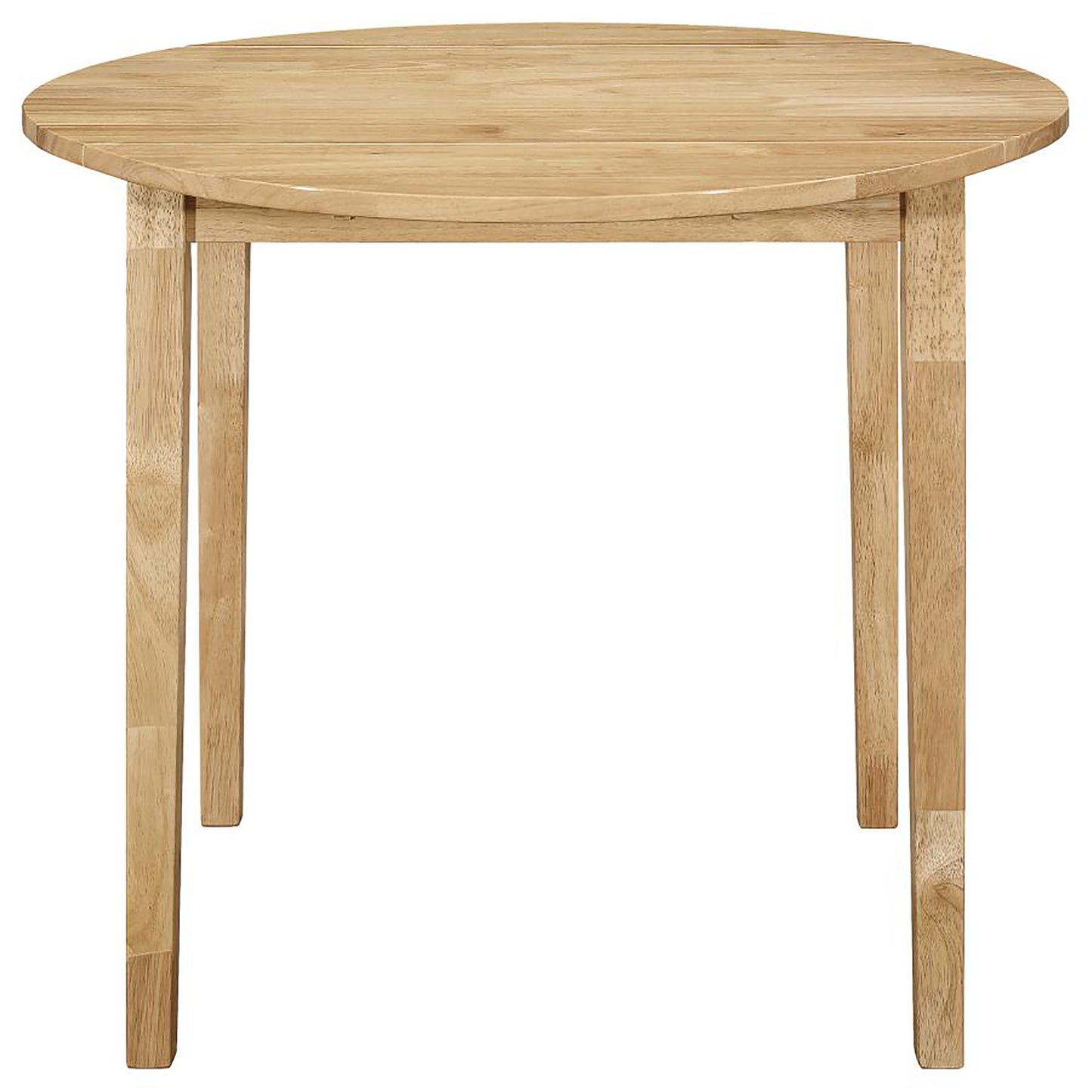 Round dropleaf dining table in natural wood finish perfect for compact spaces
