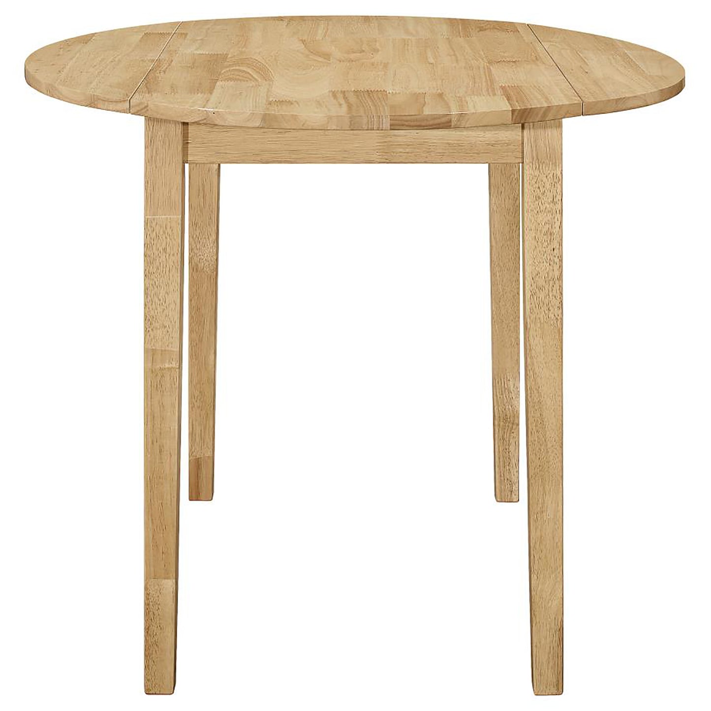Natural wood drop leaf dining table with a butcher block top and tapered legs