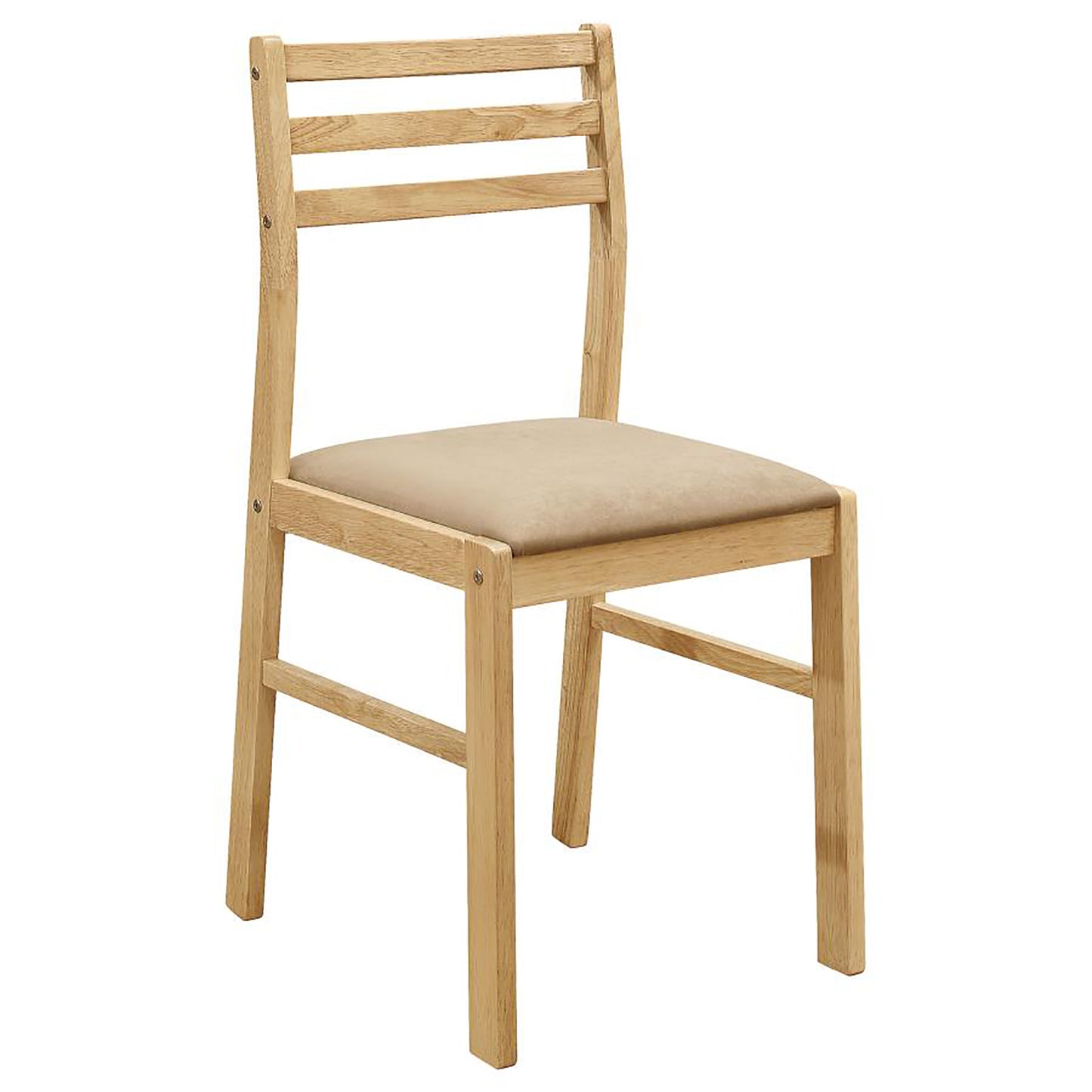 Minimalist wooden chair with a tan fabric seat and horizontal back slats