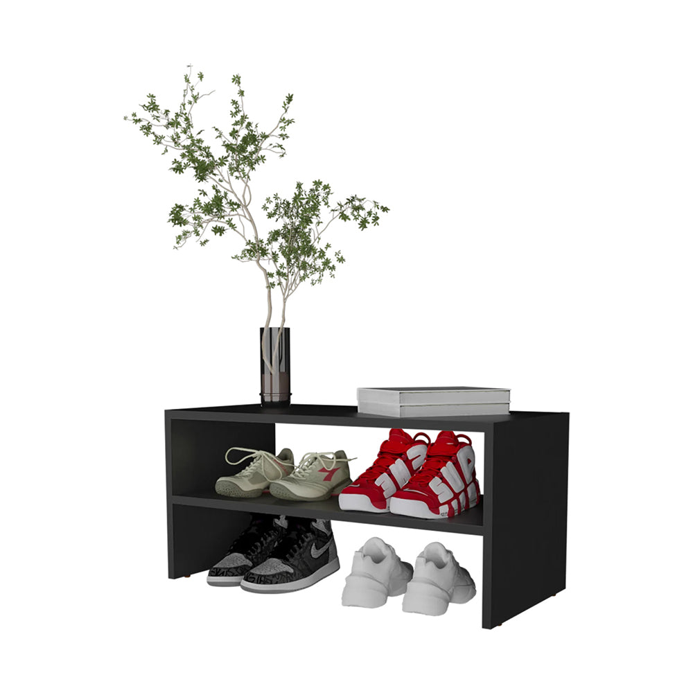 Compact black shoe rack with two shelves displaying various sneakers