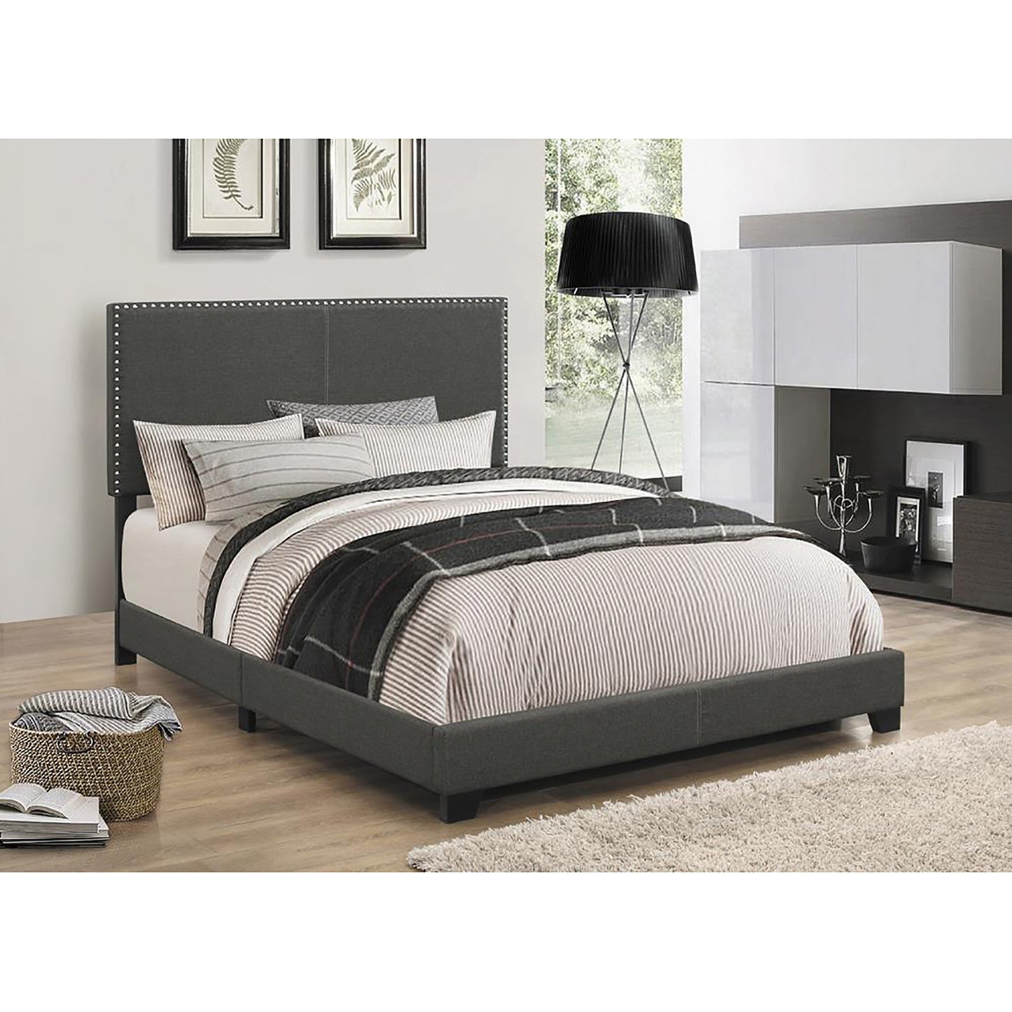 Dark grey upholstered platform bed with nailhead trim headboard king size
