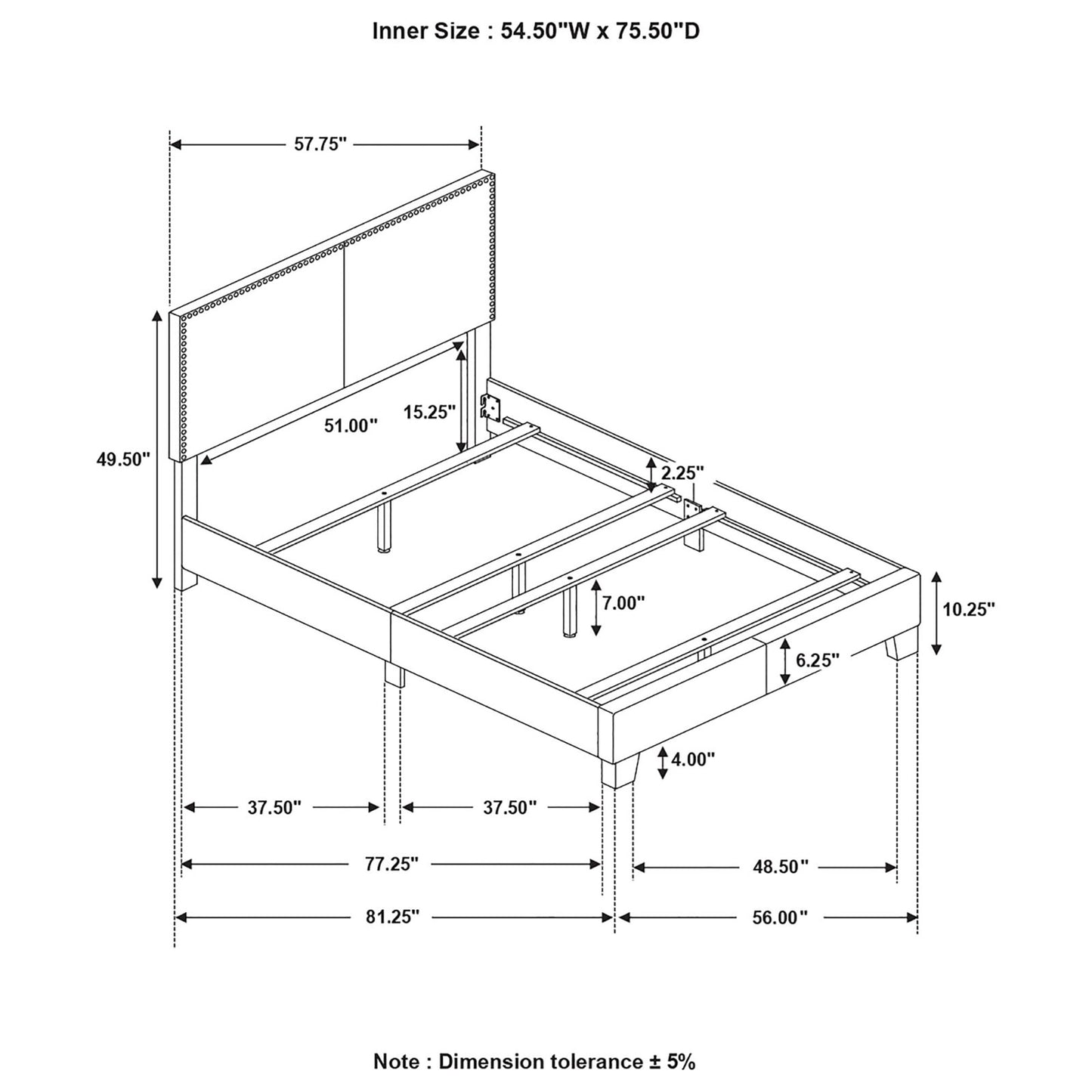 Line drawing of a queen size bed frame with detailed dimensions including width