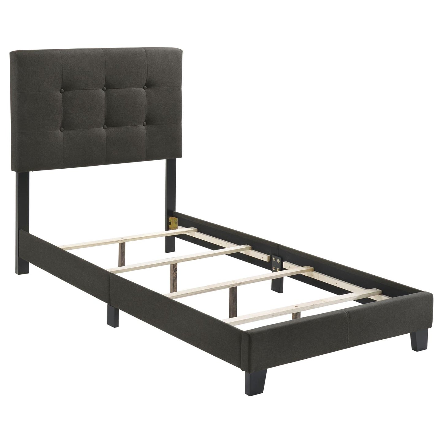 Dark gray upholstered twin bed frame with tufted headboard