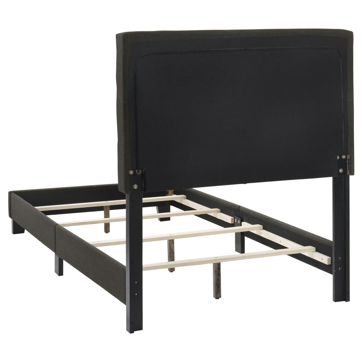 Dark grey upholstered bed frame with wooden slats and headboard