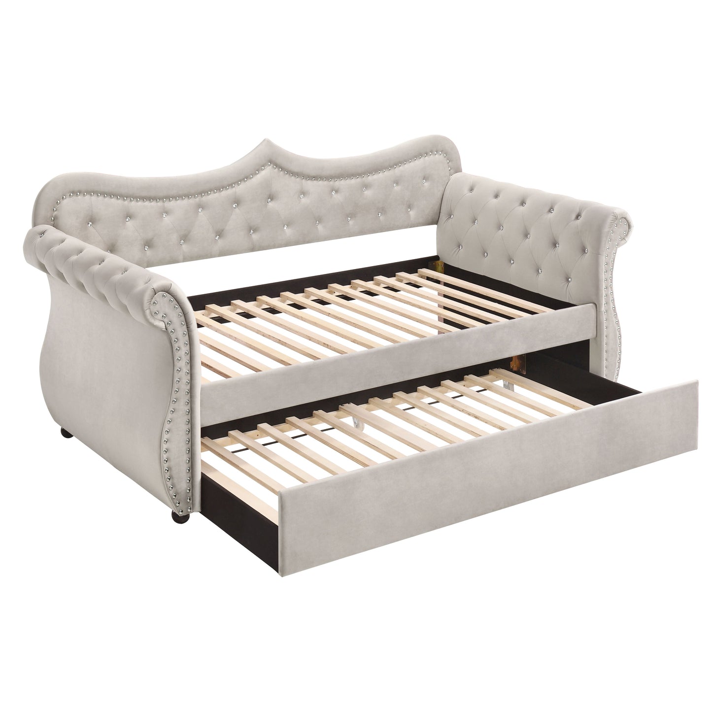 Elegant beige velvet daybed with crystal tufting and pullout trundle