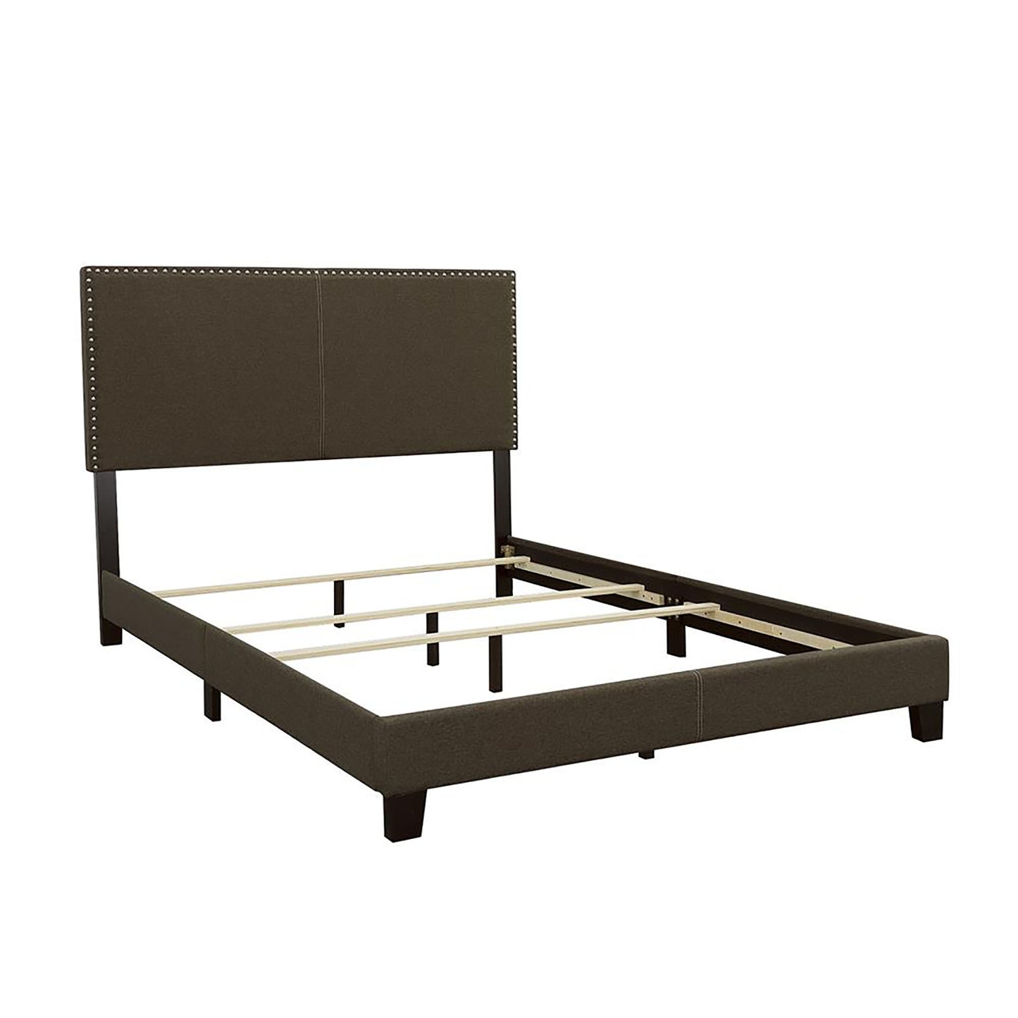 Brown fabric upholstered bed frame with tufted headboard and wooden slats