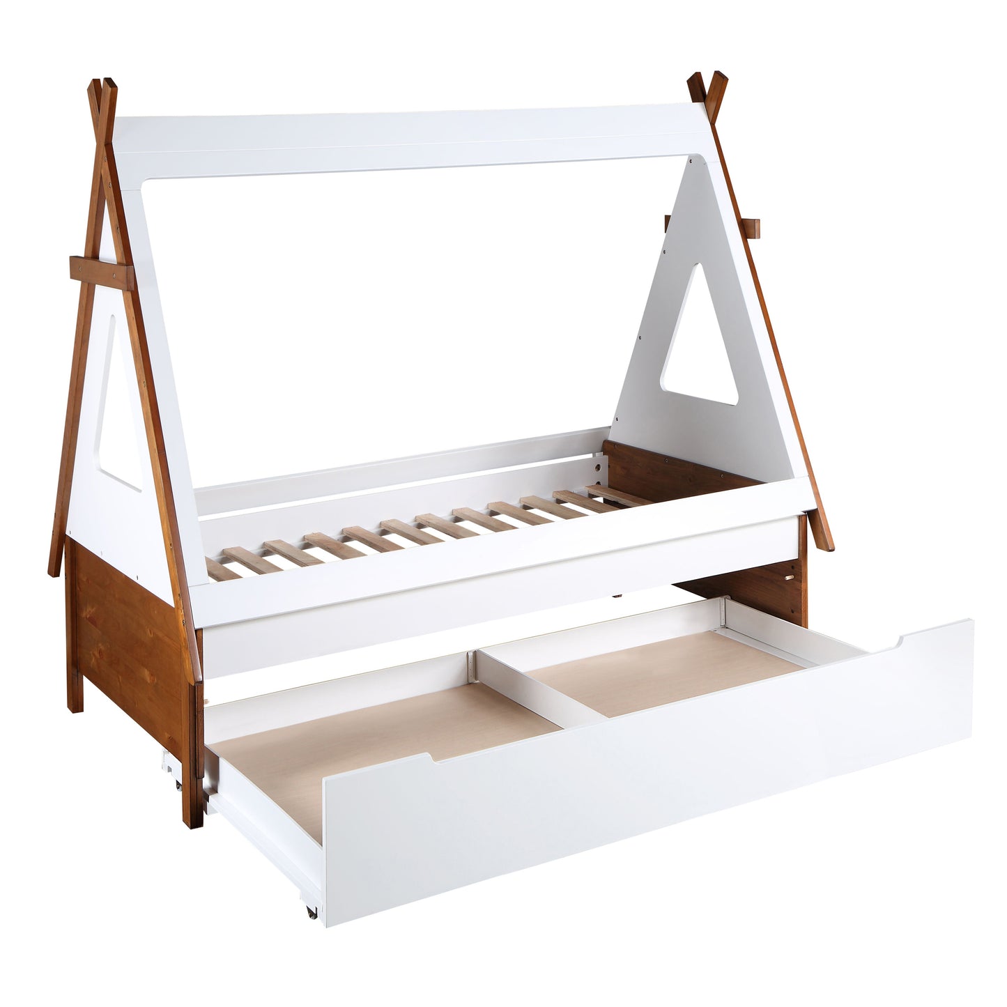 White wooden teepee twin bed frame with natural wood accents and two pullout storage drawers