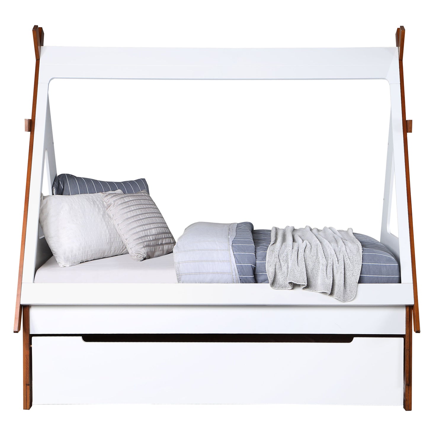 Modern white twin bed with natural wood accents featuring a rolling trundle drawer and striped bedding