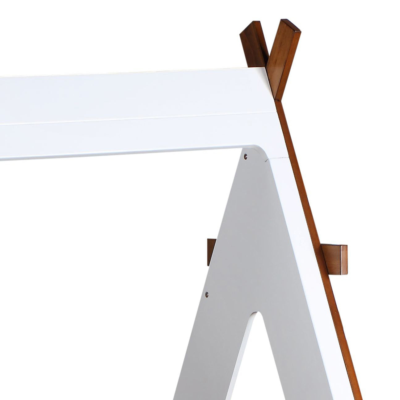 White wooden tent frame detail with dark wood accents