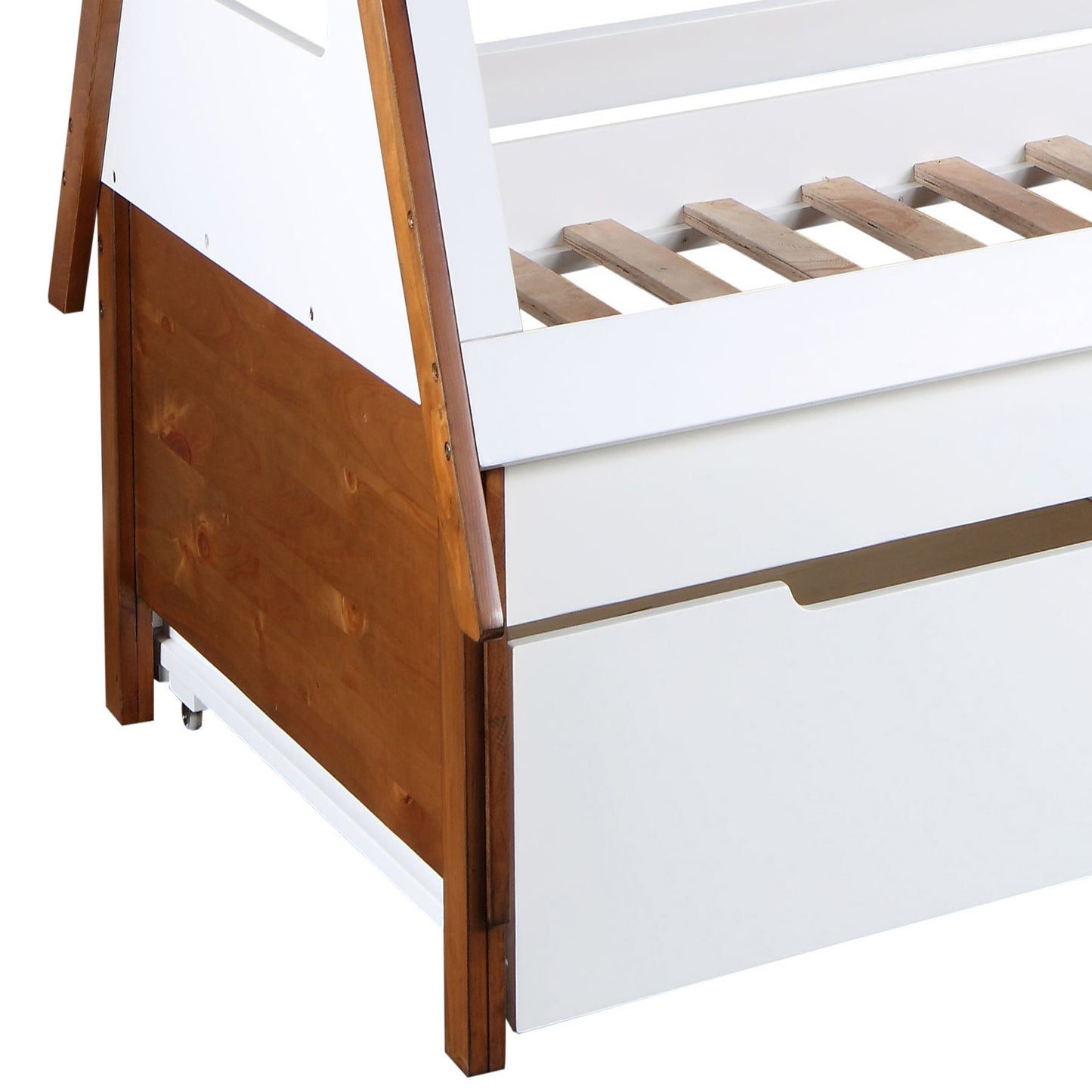 White and wood toddler bed with integrated drawer and visible wooden slats for mattress support
