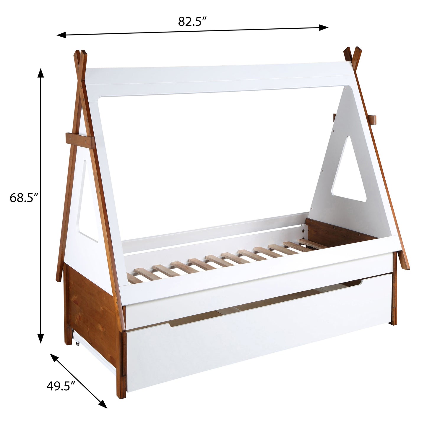 White and wood teepee kids bed frame with drawers length