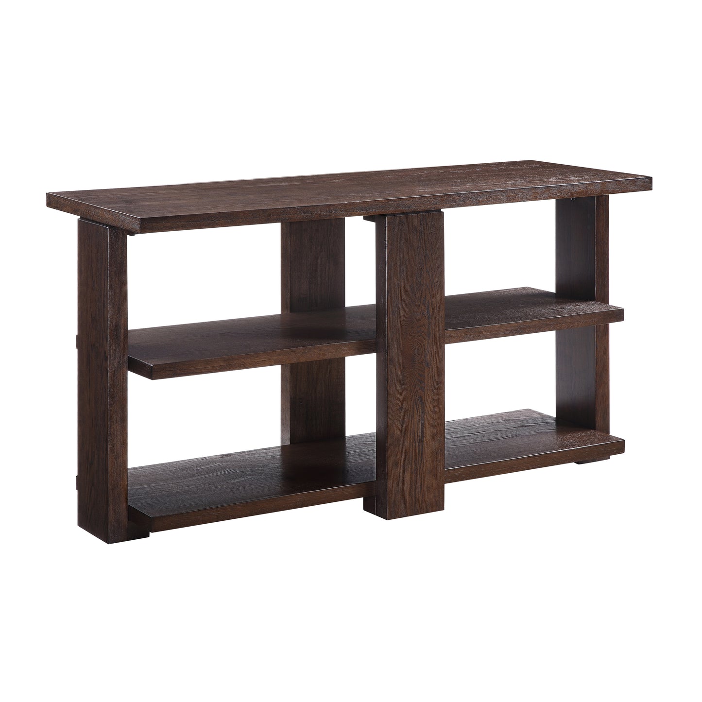 Dark wood console table with three open shelves and clean lines