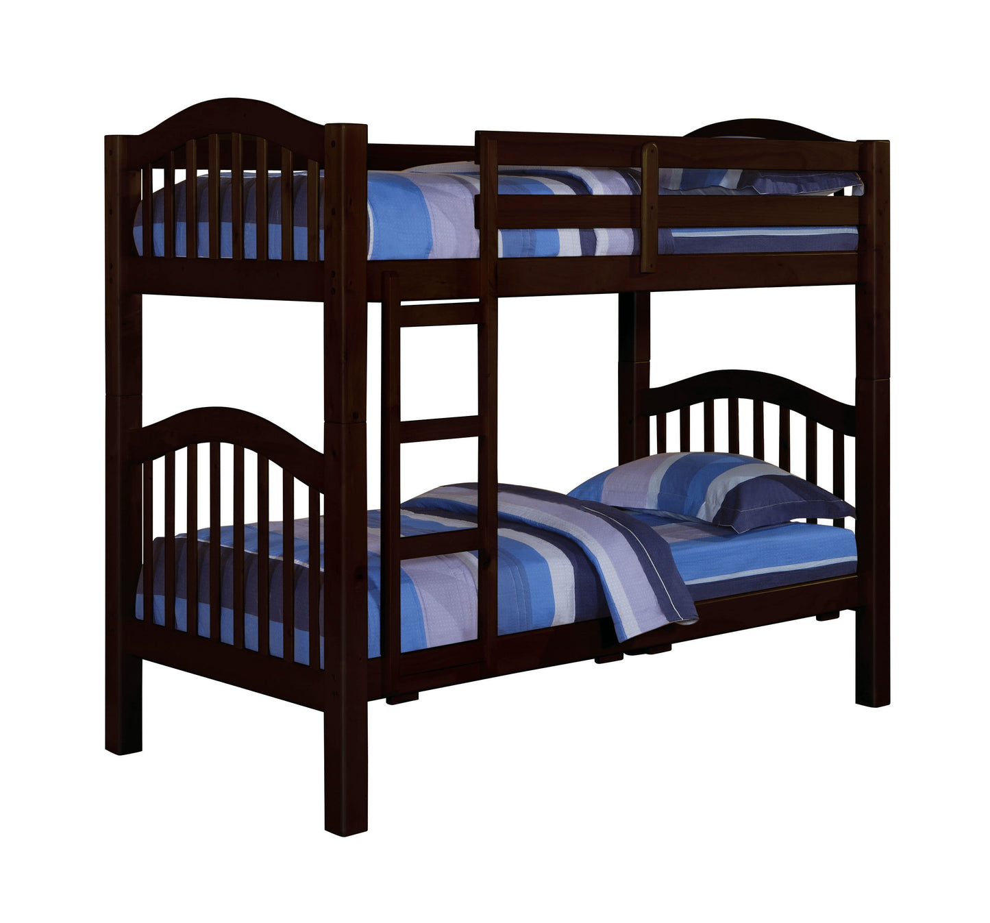 Dark brown wooden bunk bed with blue striped bedding