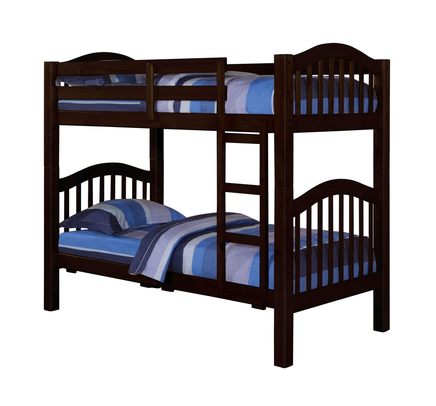 Dark wood twin over twin bunk bed with blue striped bedding