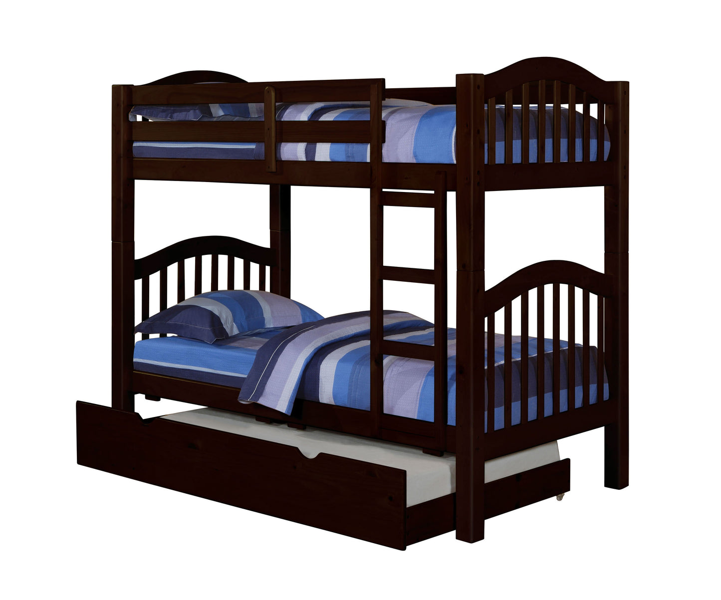 Dark brown wooden bunk bed with pullout trundle and blue striped bedding