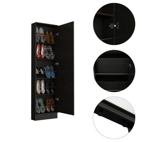 Black tall shoe cabinet with open door and multiple shelves