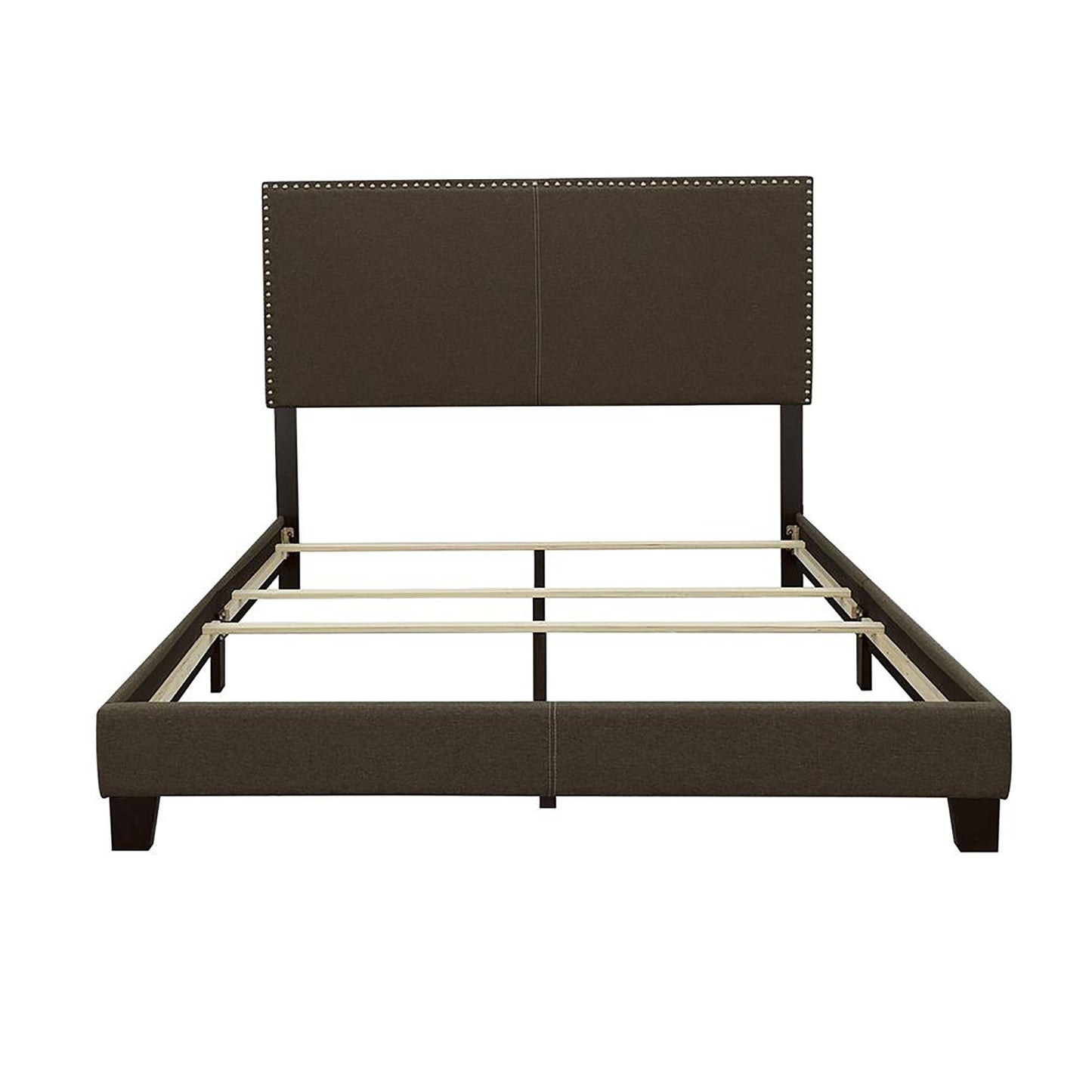 Tufted upholstered platform bed frame in dark brown fabric with nailhead trim headboard