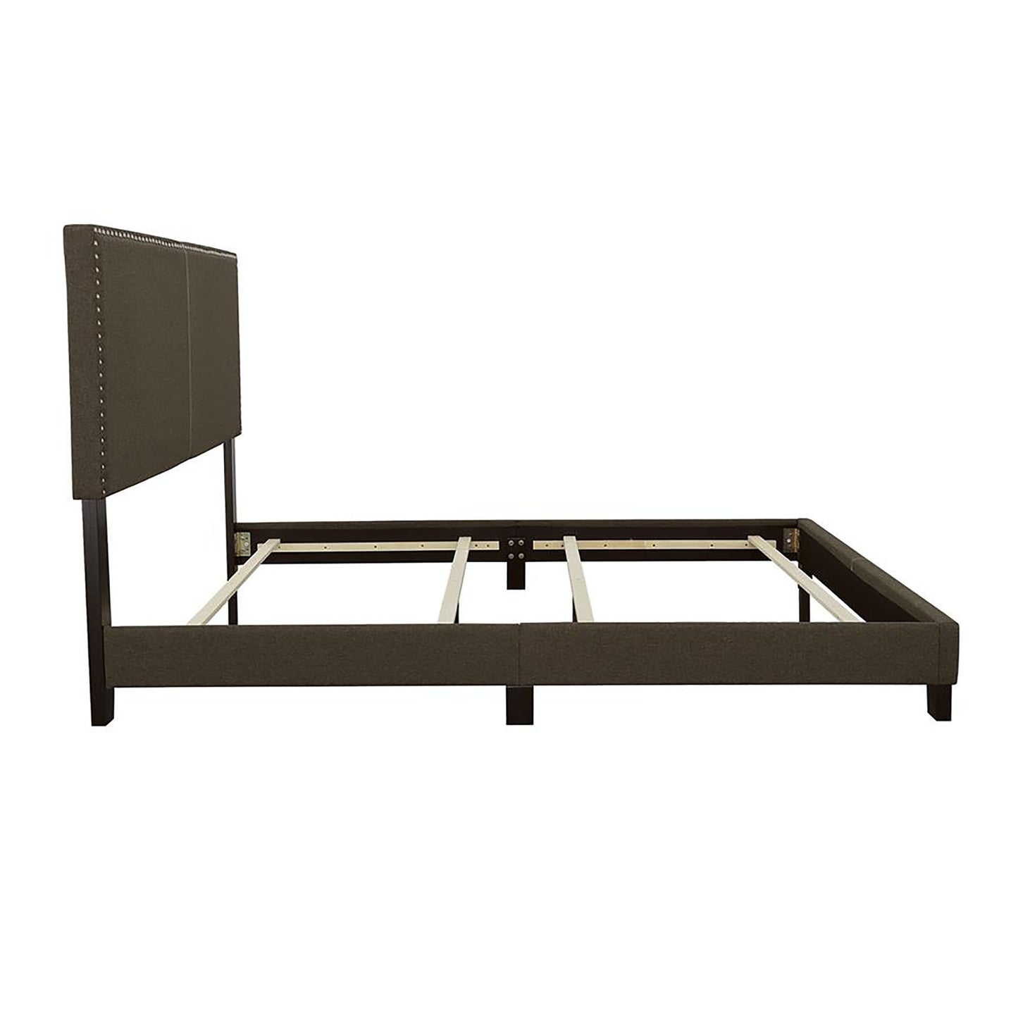Dark brown upholstered bed frame with studded headboard and wooden slats