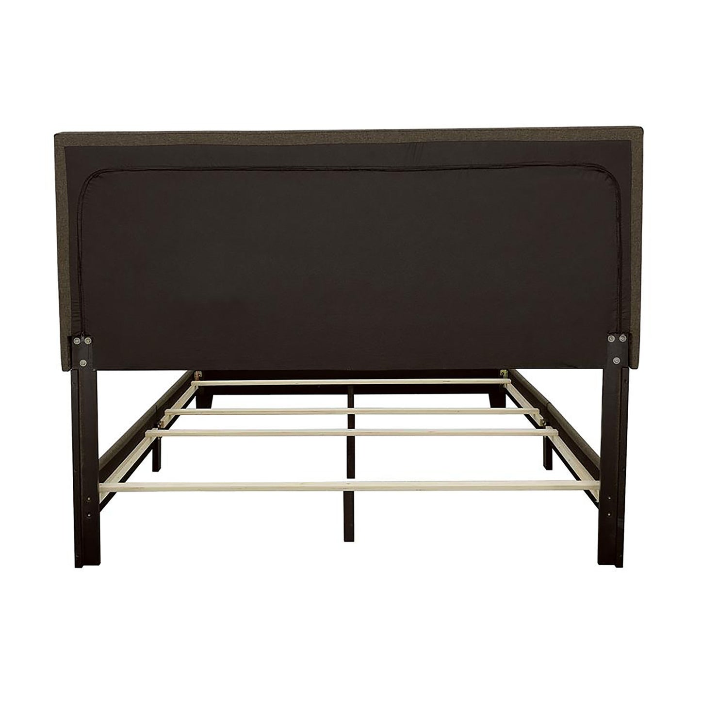Dark grey upholstered headboard and dark metal frame for a modern bed