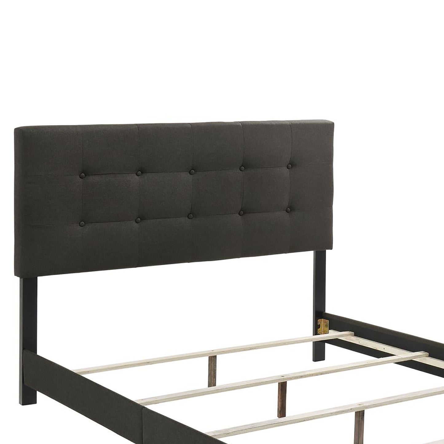 Dark gray upholstered headboard with diamond tufting on a black bed frame