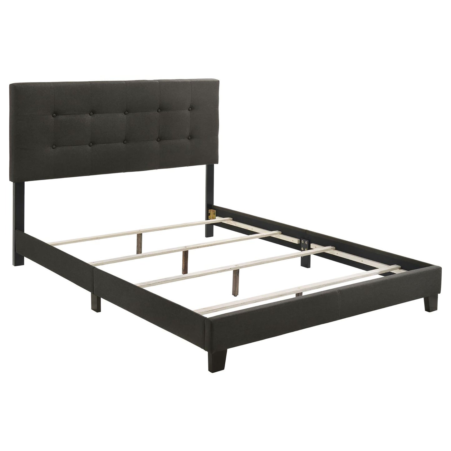 Dark grey upholstered bed frame with tufted headboard and wood slats