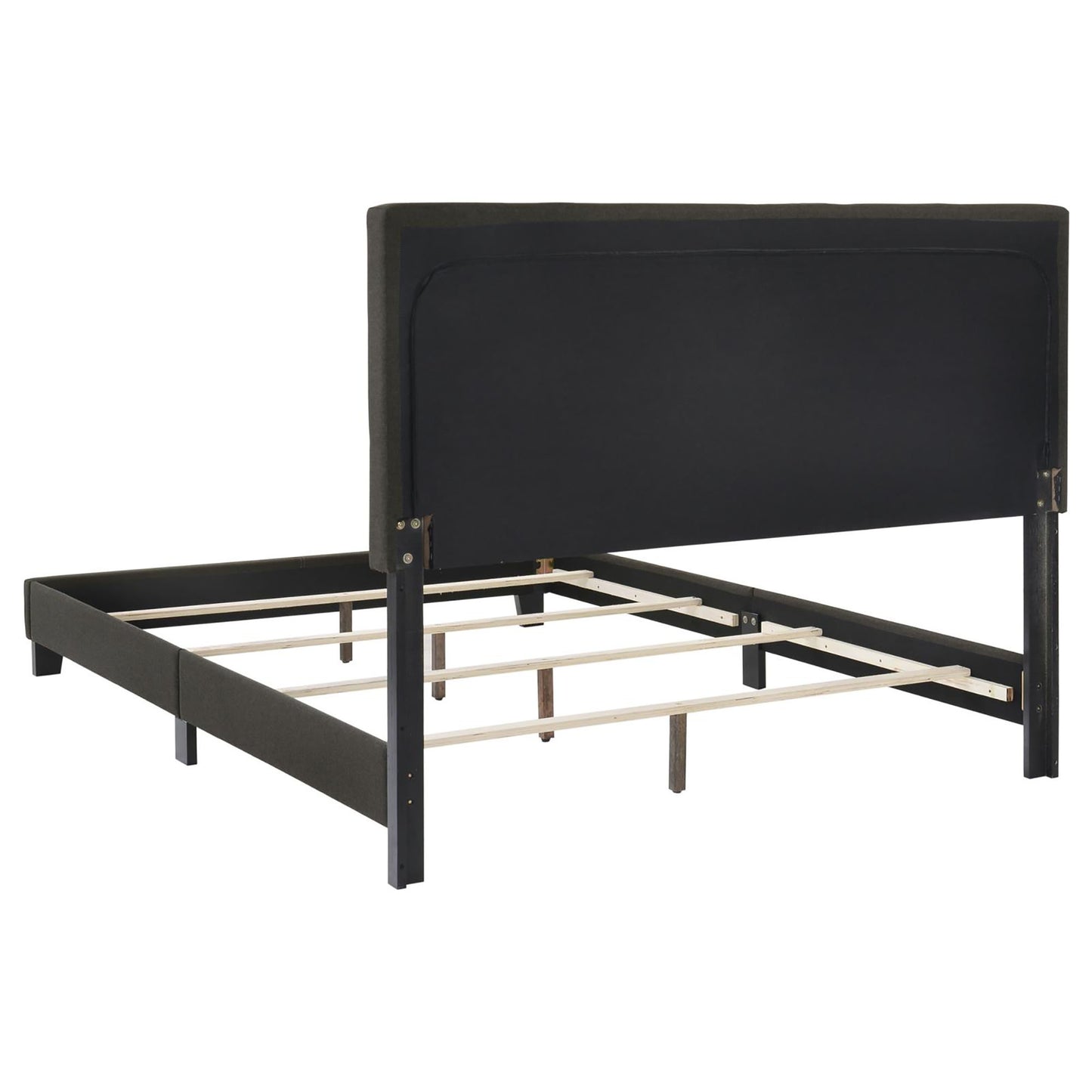 Dark gray upholstered bed frame with a tall headboard and wooden slats