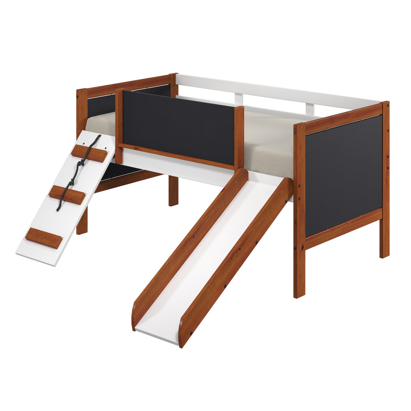 Low loft bed with slide ladder and chalkboard sides in wood and white finish
