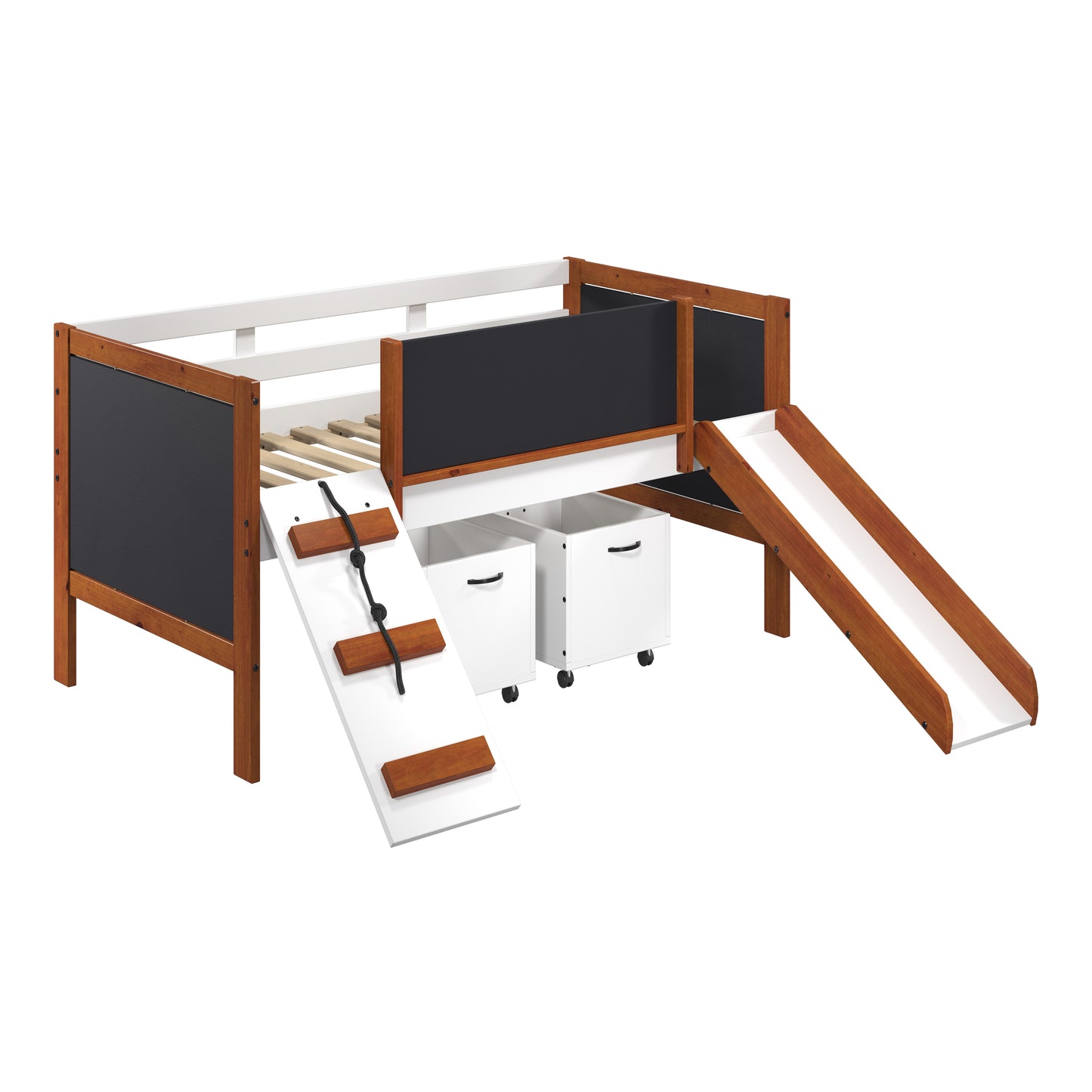 Wooden loft bed with slide and chalkboard sides
